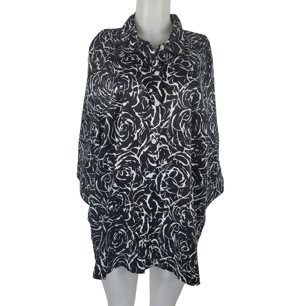 Maggie Barnes Black White Rose Design Women's Work Office Blouse 2X NWT